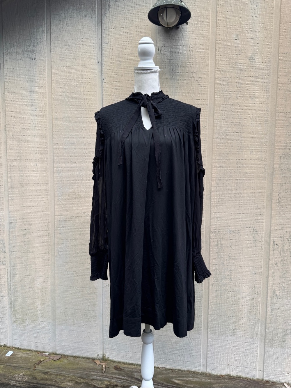 Black Long-Sleeve Tie-Neck Smocked Yoke Dress